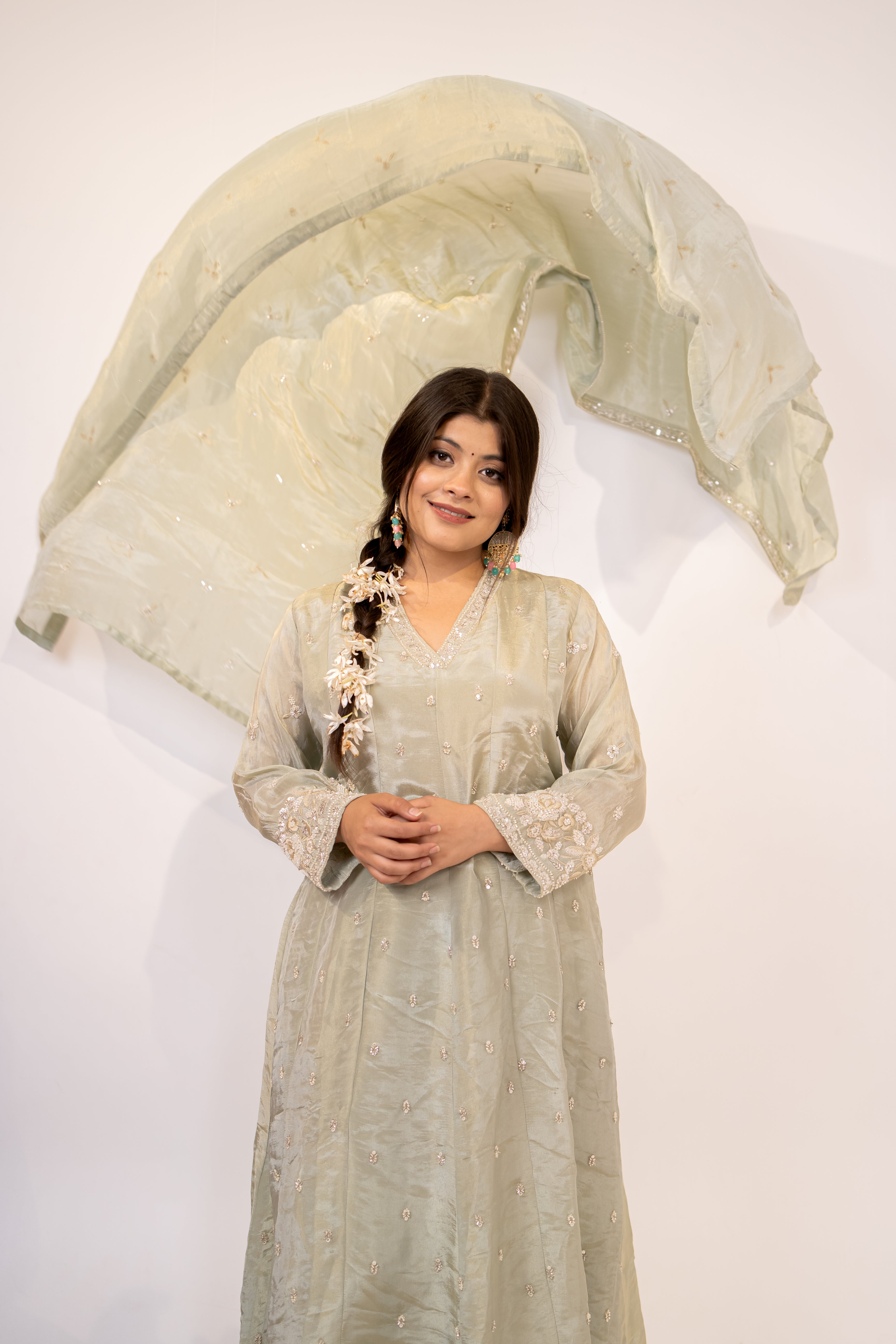 Sage green cut daana Anarkali set