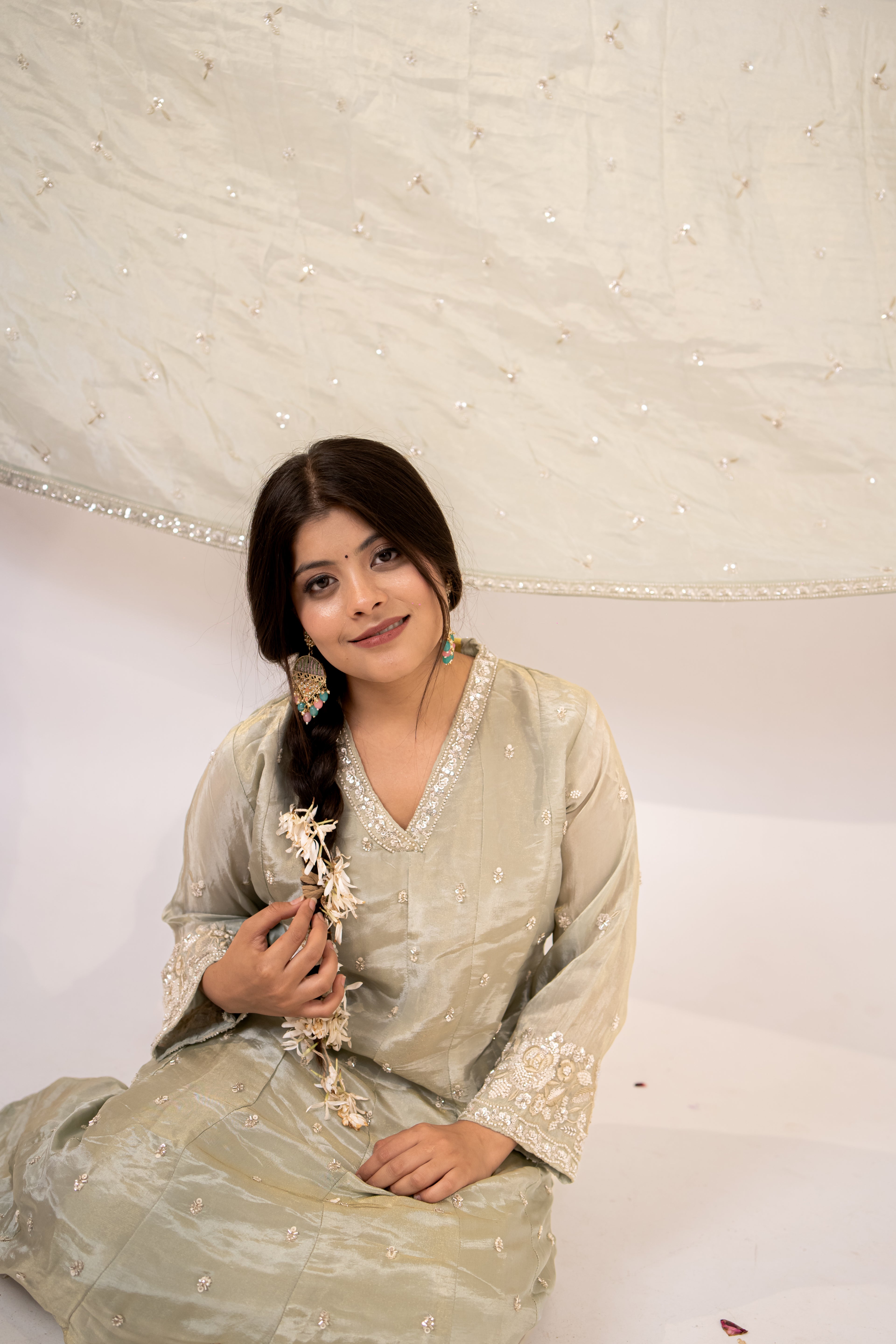 Sage green cut daana Anarkali set