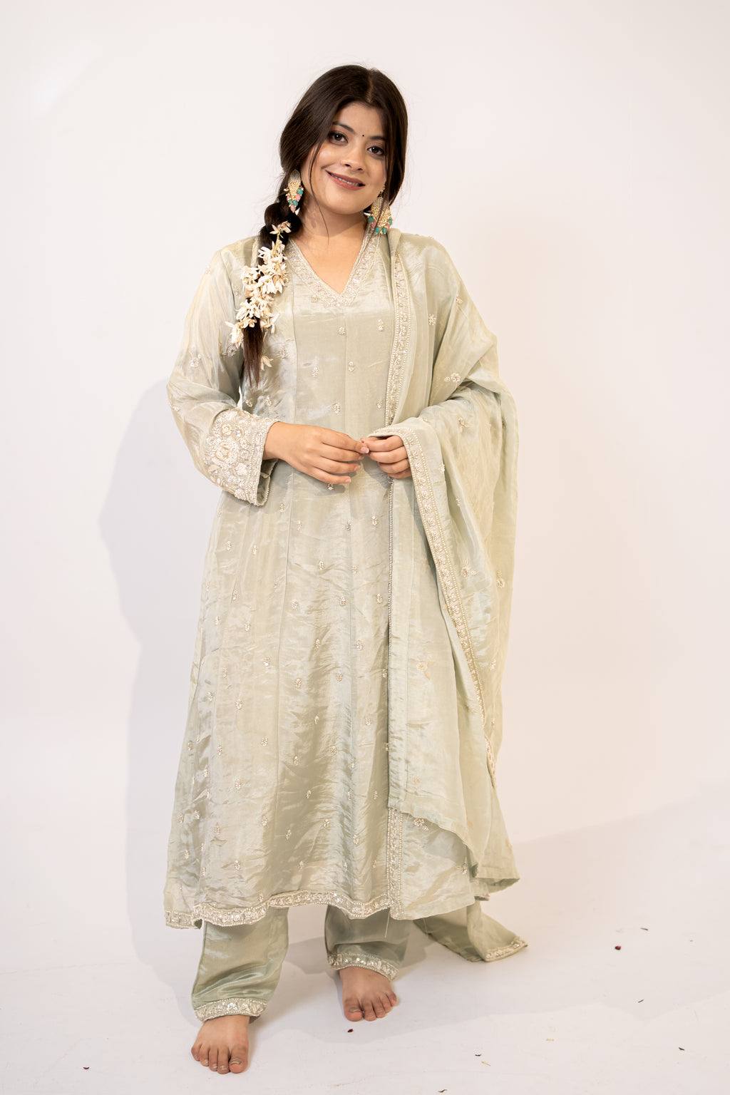 Sage green cut daana Anarkali set