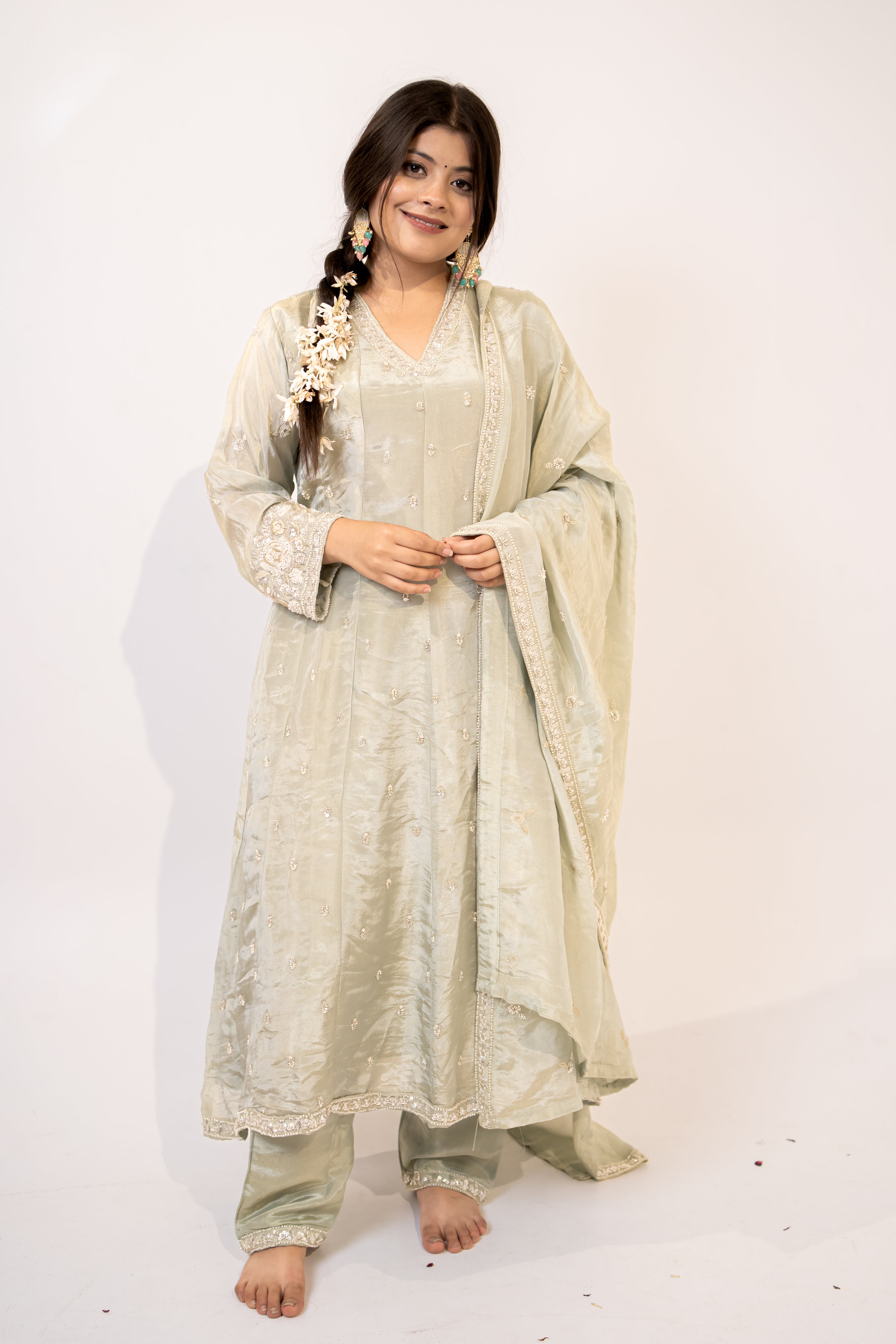 Sage green cut daana Anarkali set