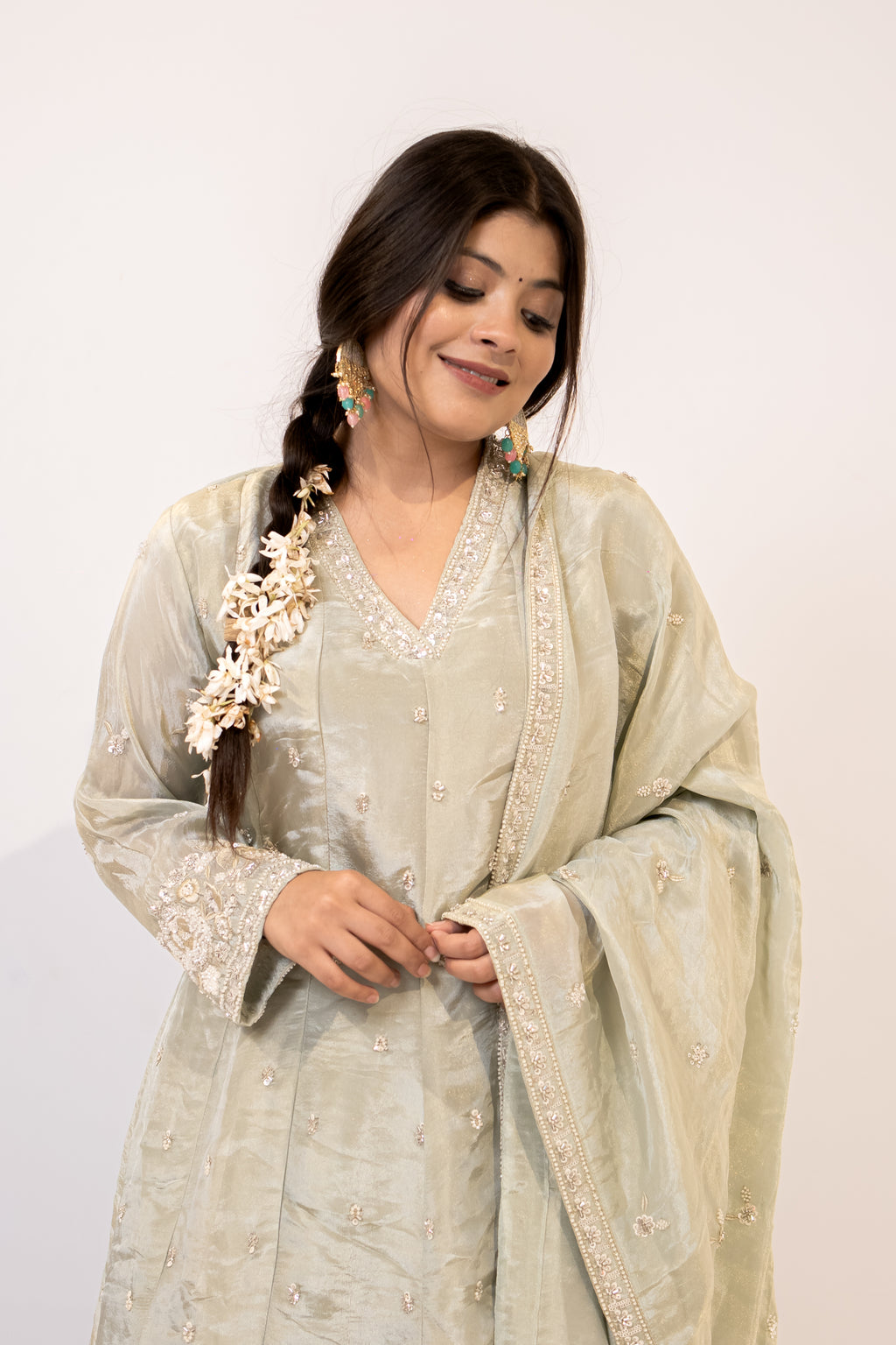 Sage green cut daana Anarkali set