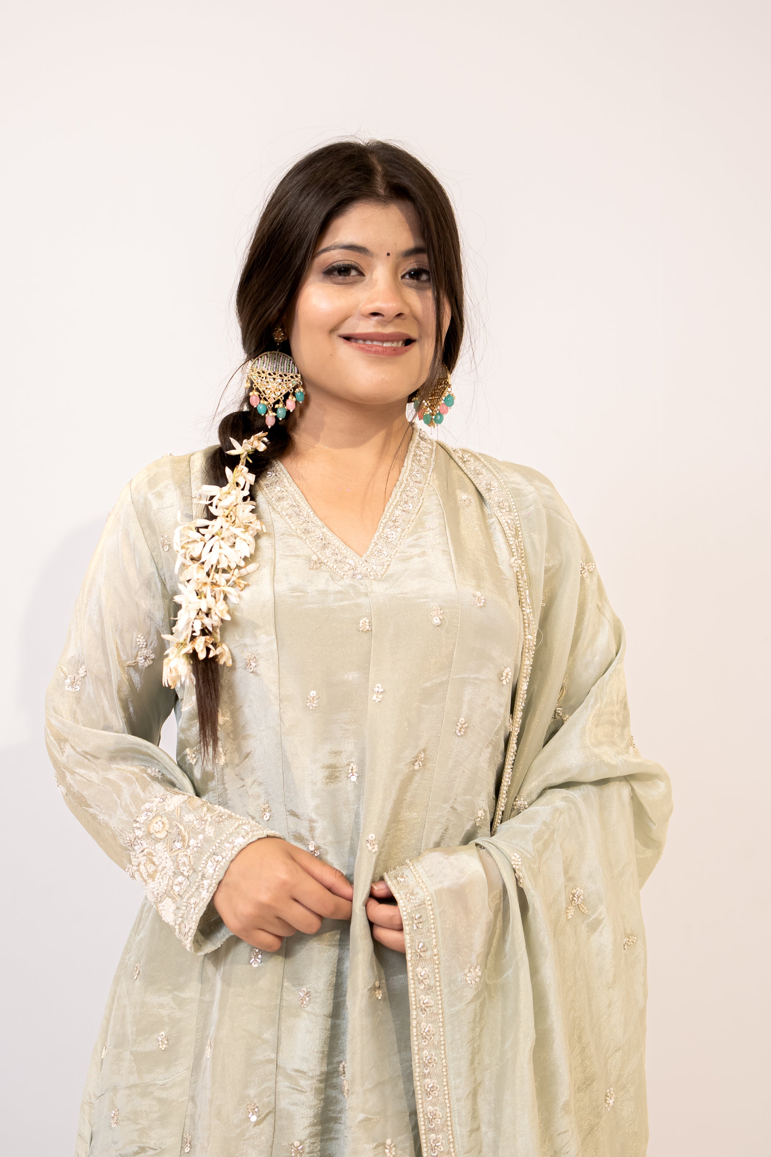Sage green cut daana Anarkali set