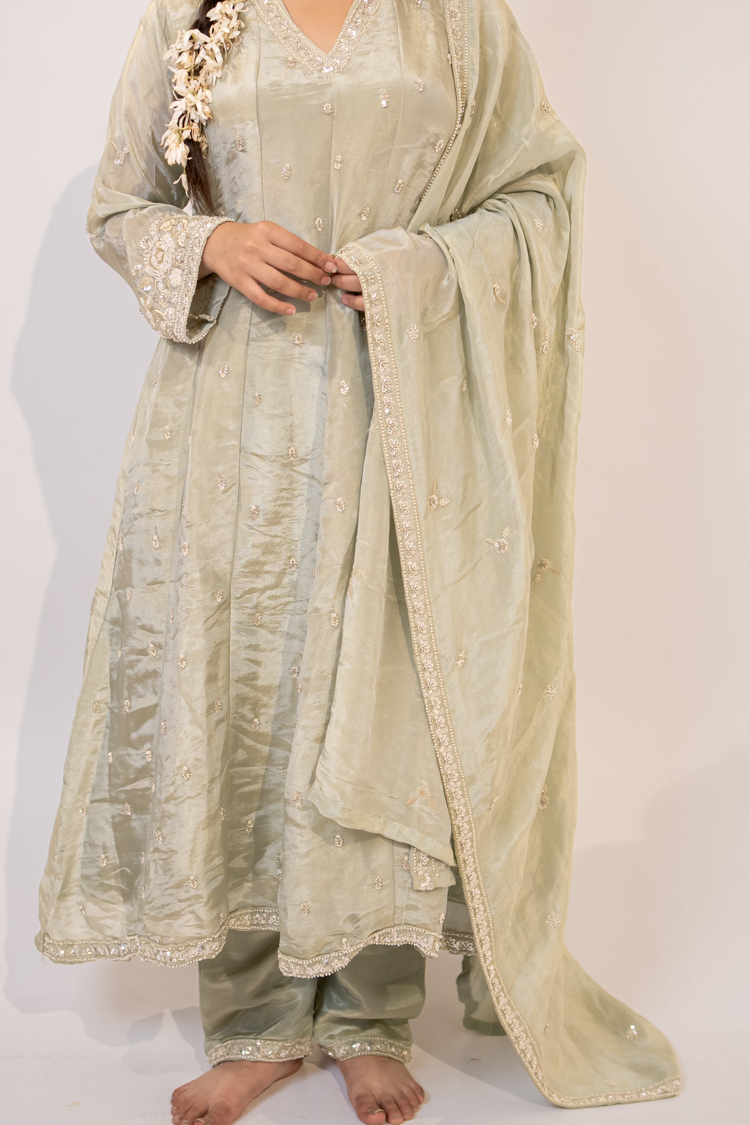 Sage green cut daana Anarkali set