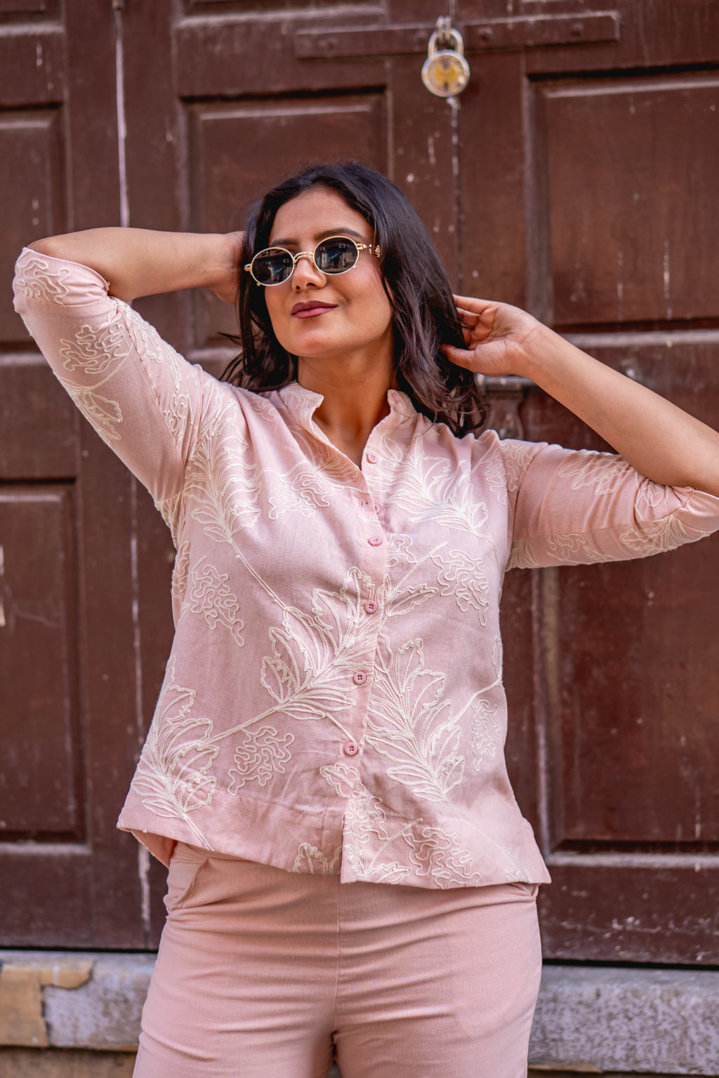 Blush peach botanical embroidered coord set