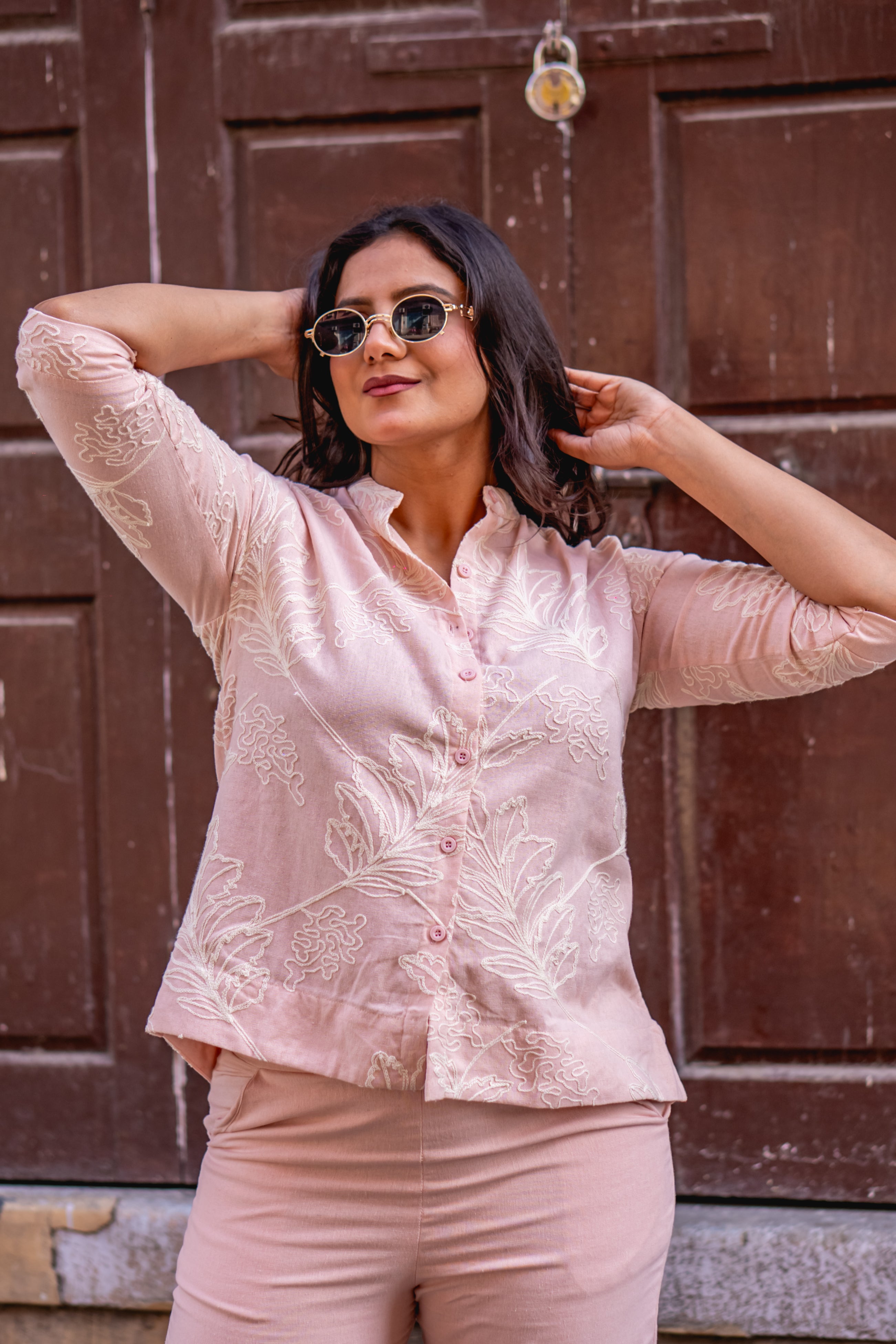 Blush peach botanical embroidered coord set