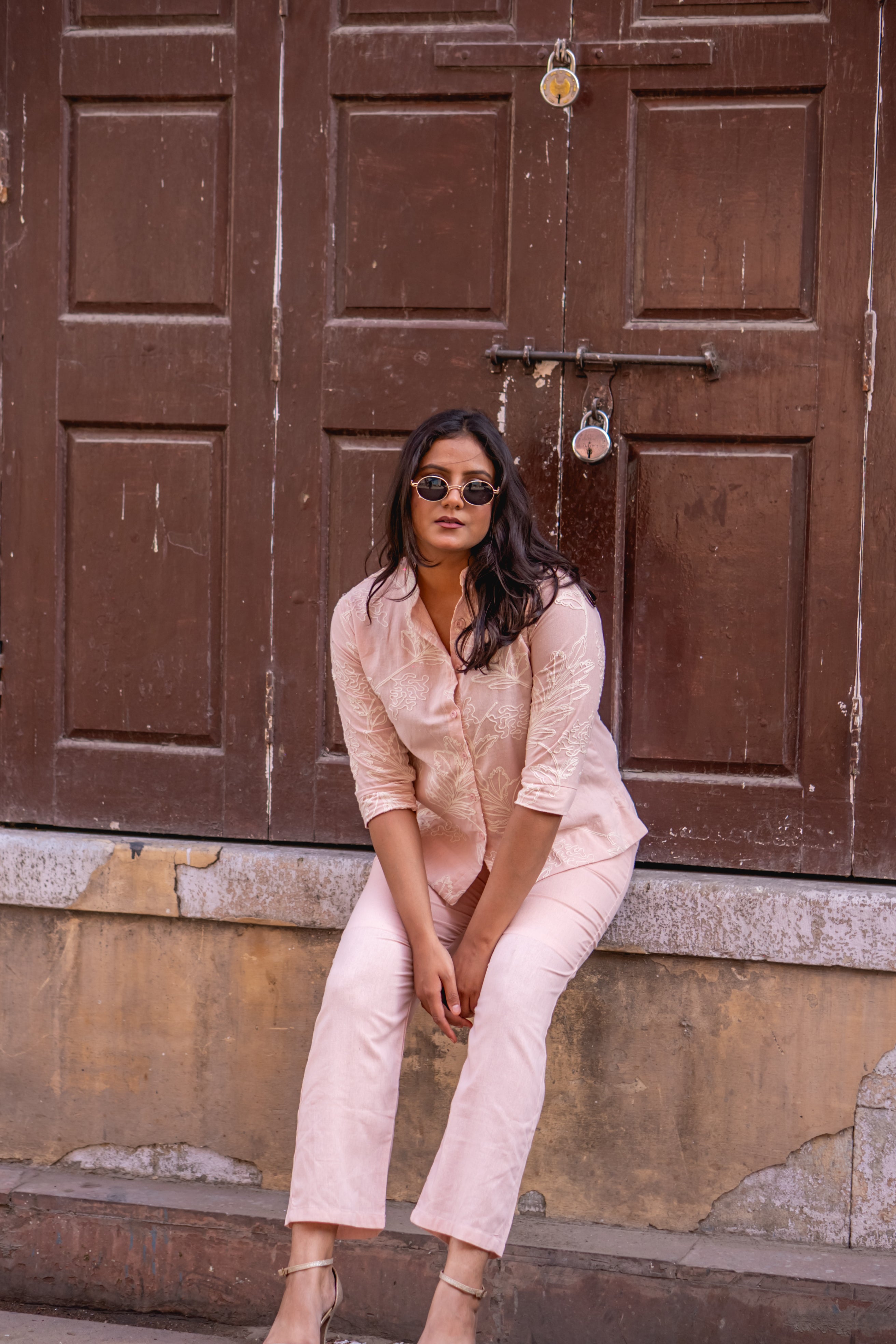 Blush peach botanical embroidered coord set