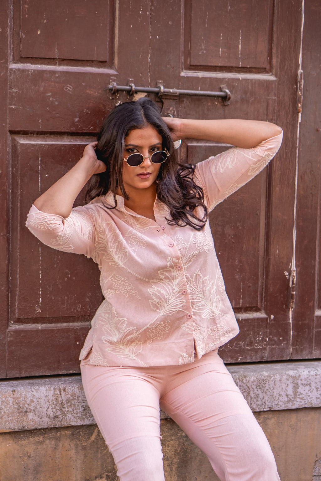 Blush peach botanical embroidered coord set