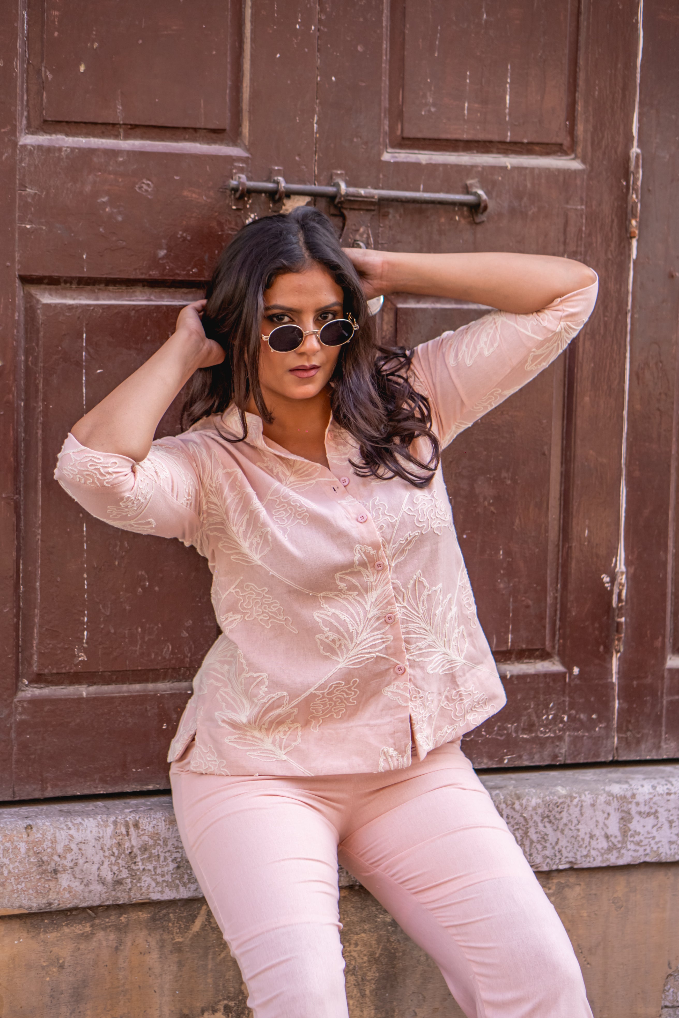 Blush peach botanical embroidered coord set