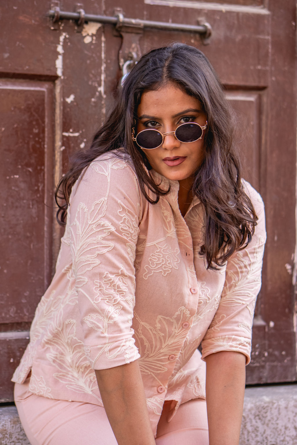 Blush peach botanical embroidered coord set