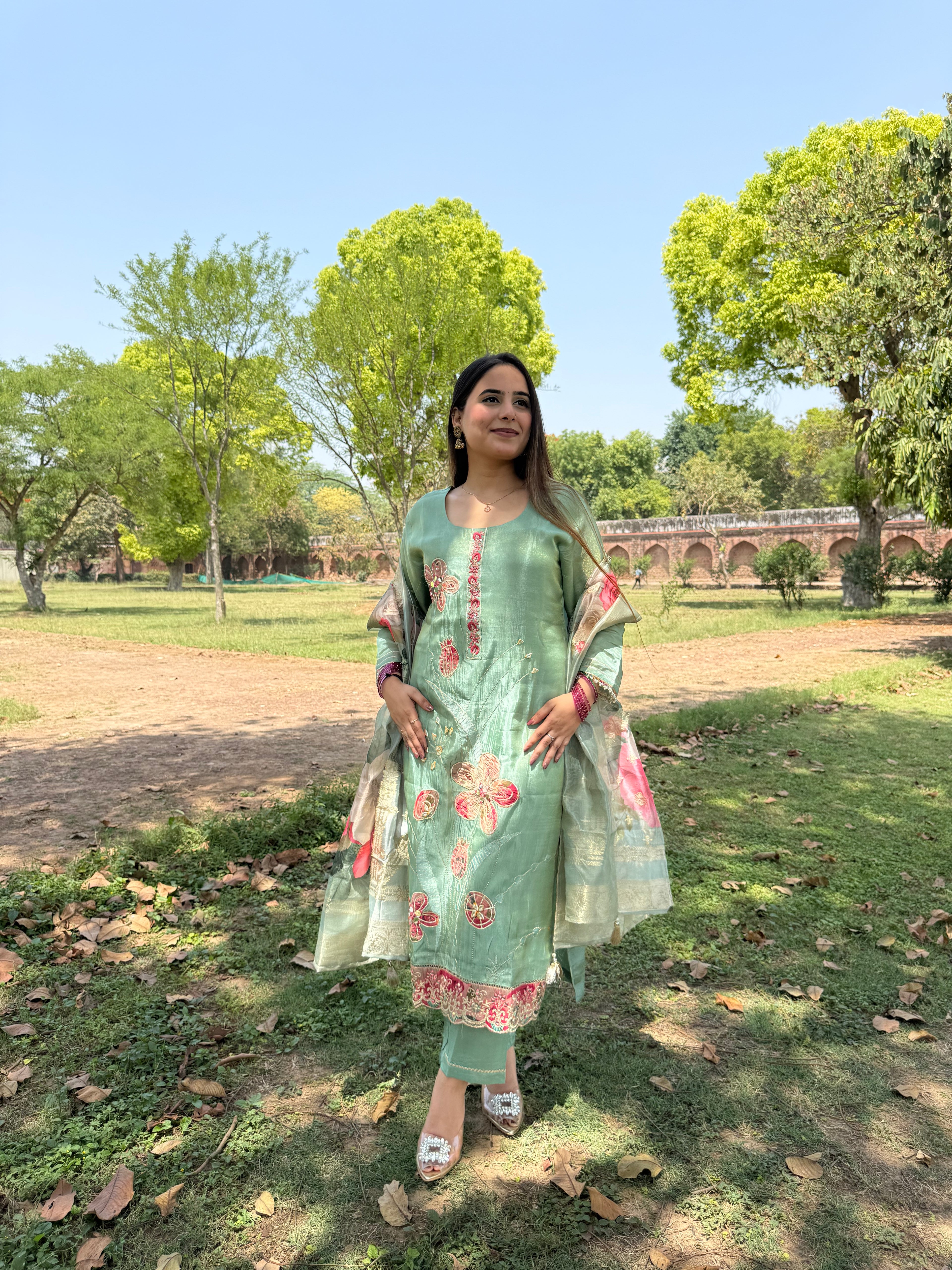Pastel green bloom embroidered suit set