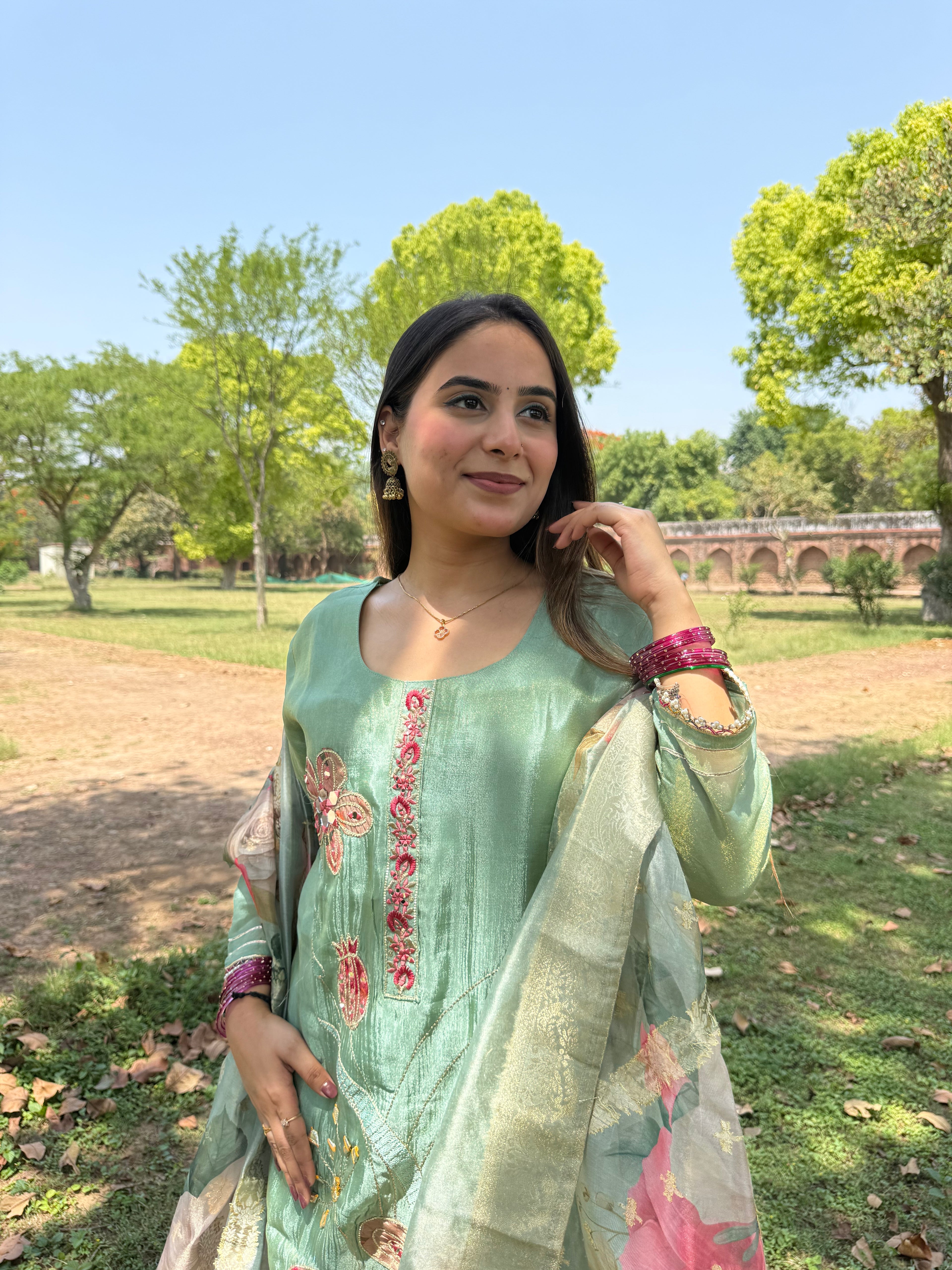 Pastel green bloom embroidered suit set