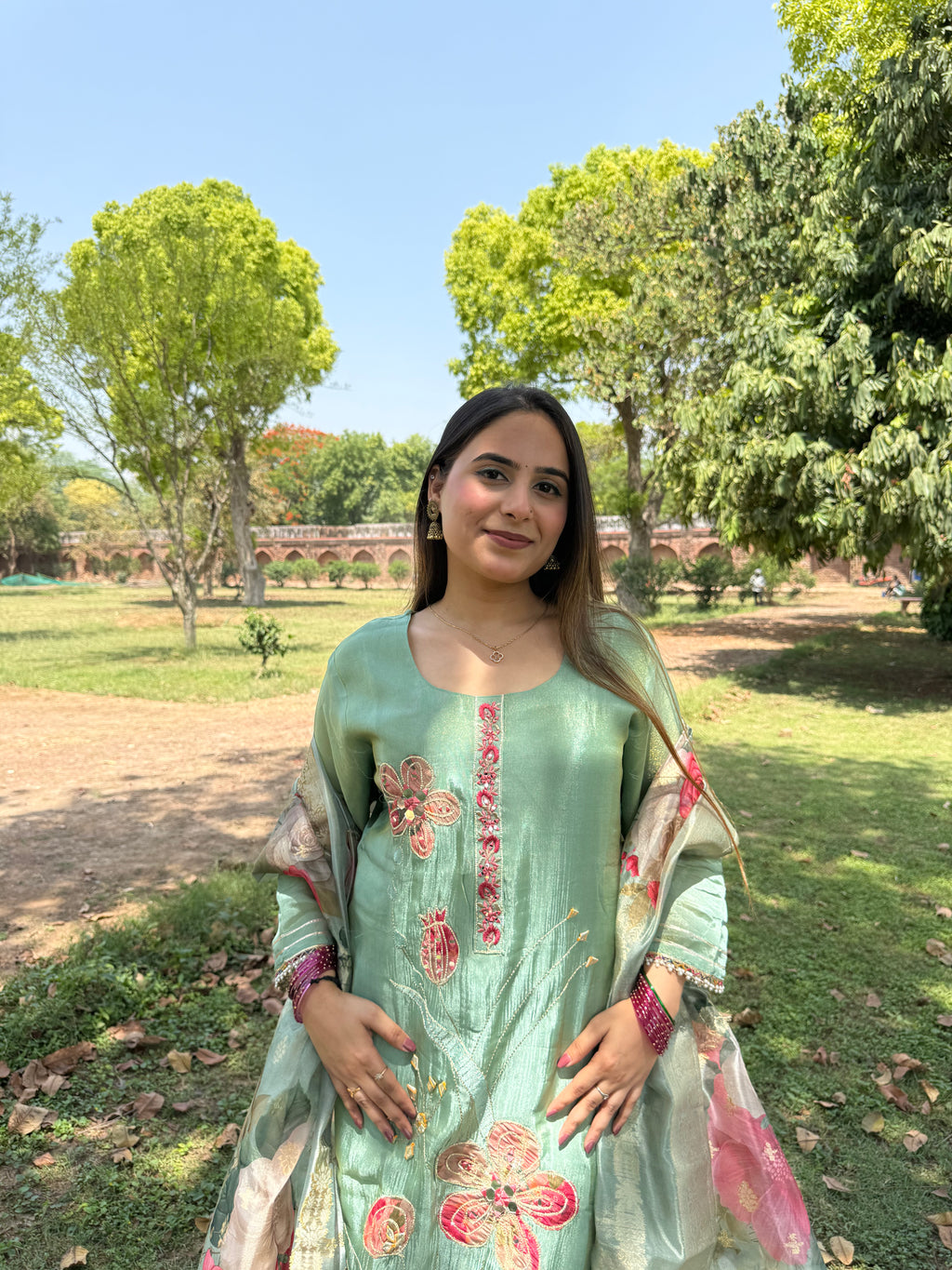 Pastel green bloom embroidered suit set