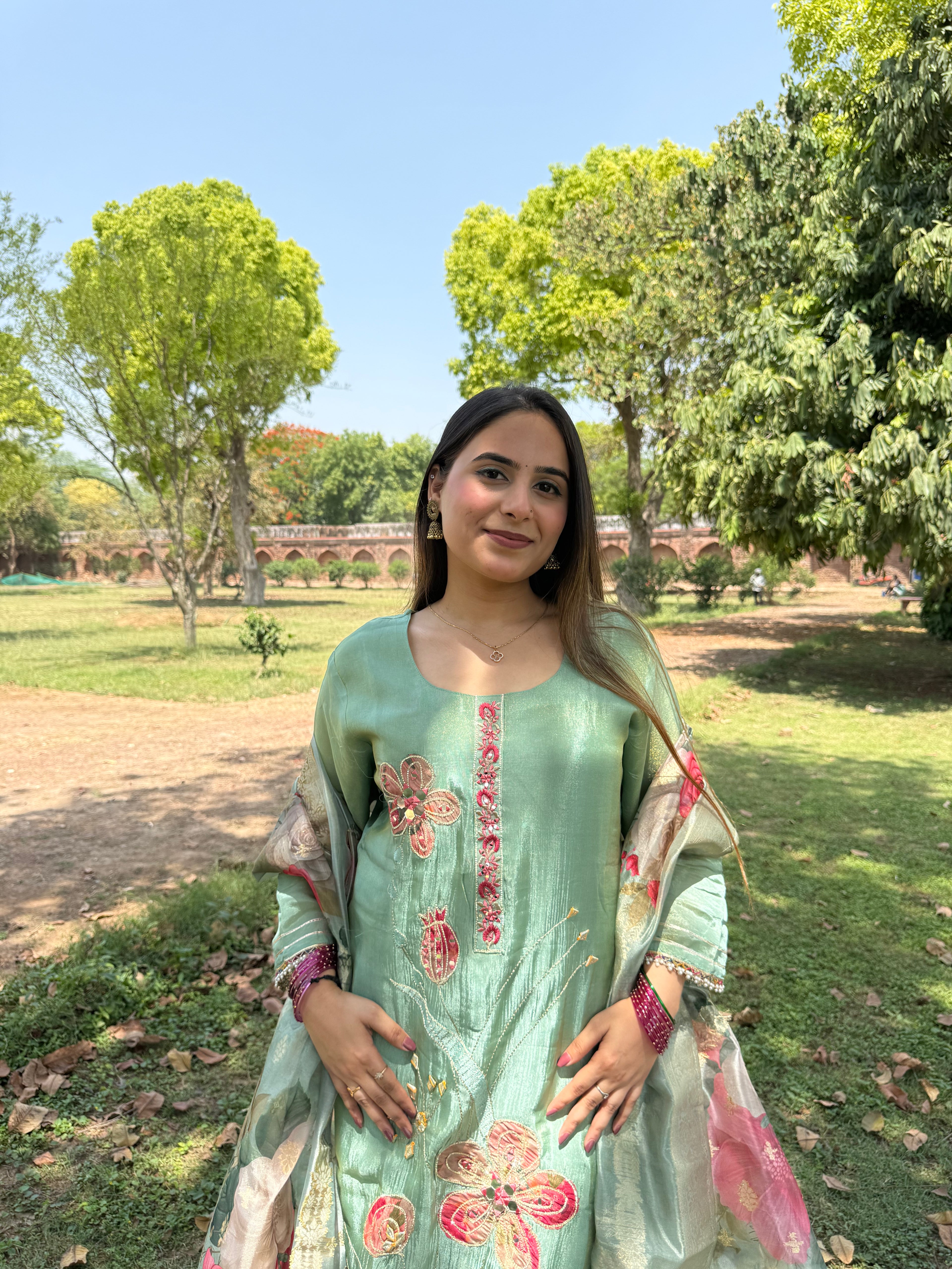Pastel green bloom embroidered suit set