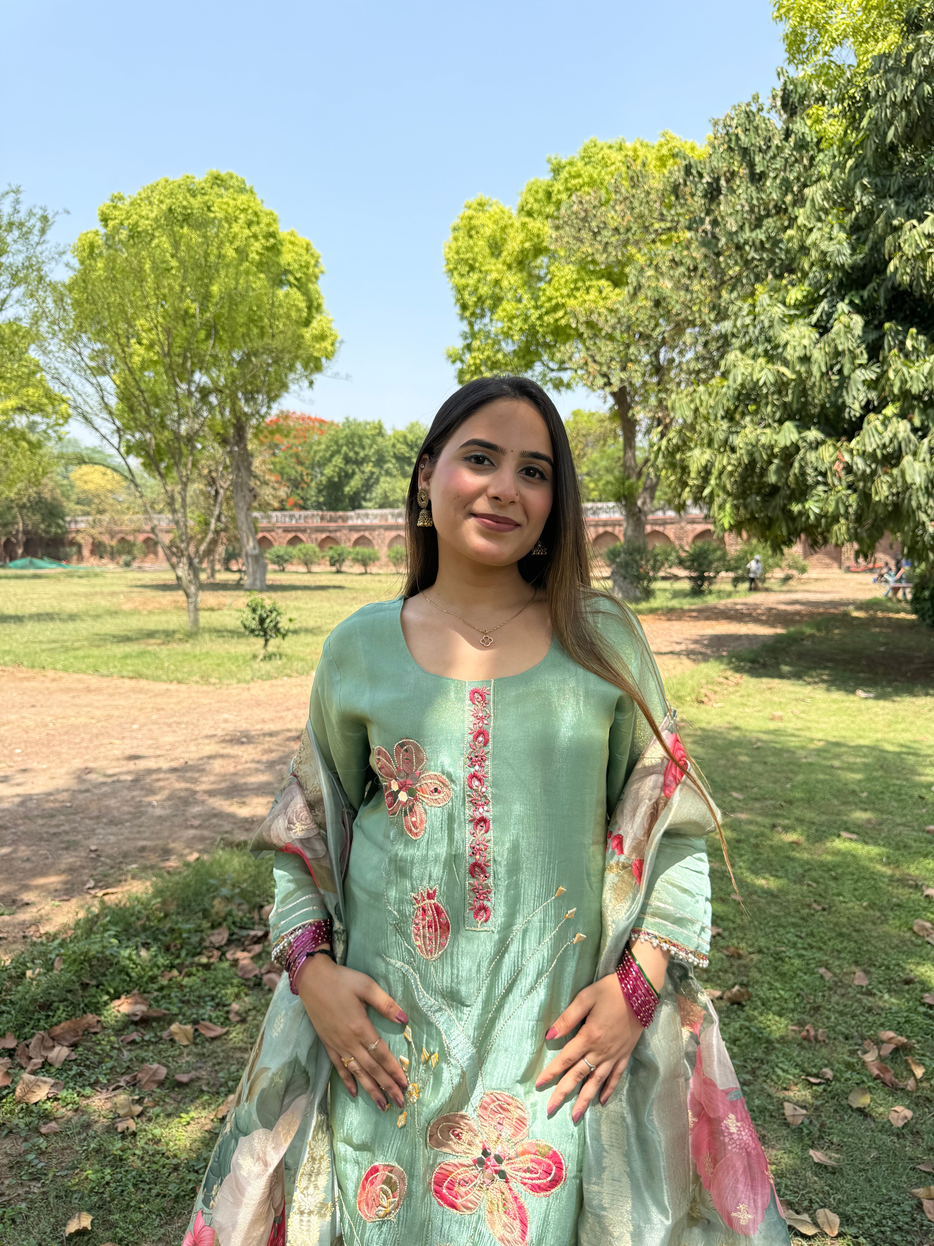 Pastel green bloom embroidered suit set