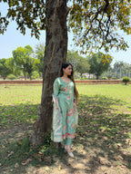 Pastel green bloom embroidered suit set