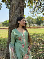 Pastel green bloom embroidered suit set