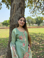 Pastel green bloom embroidered suit set