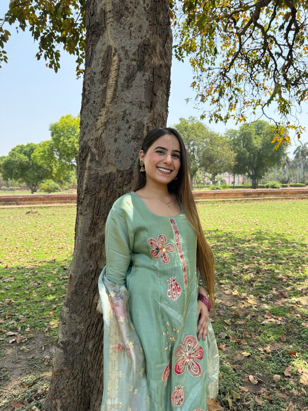 Pastel green bloom embroidered suit set